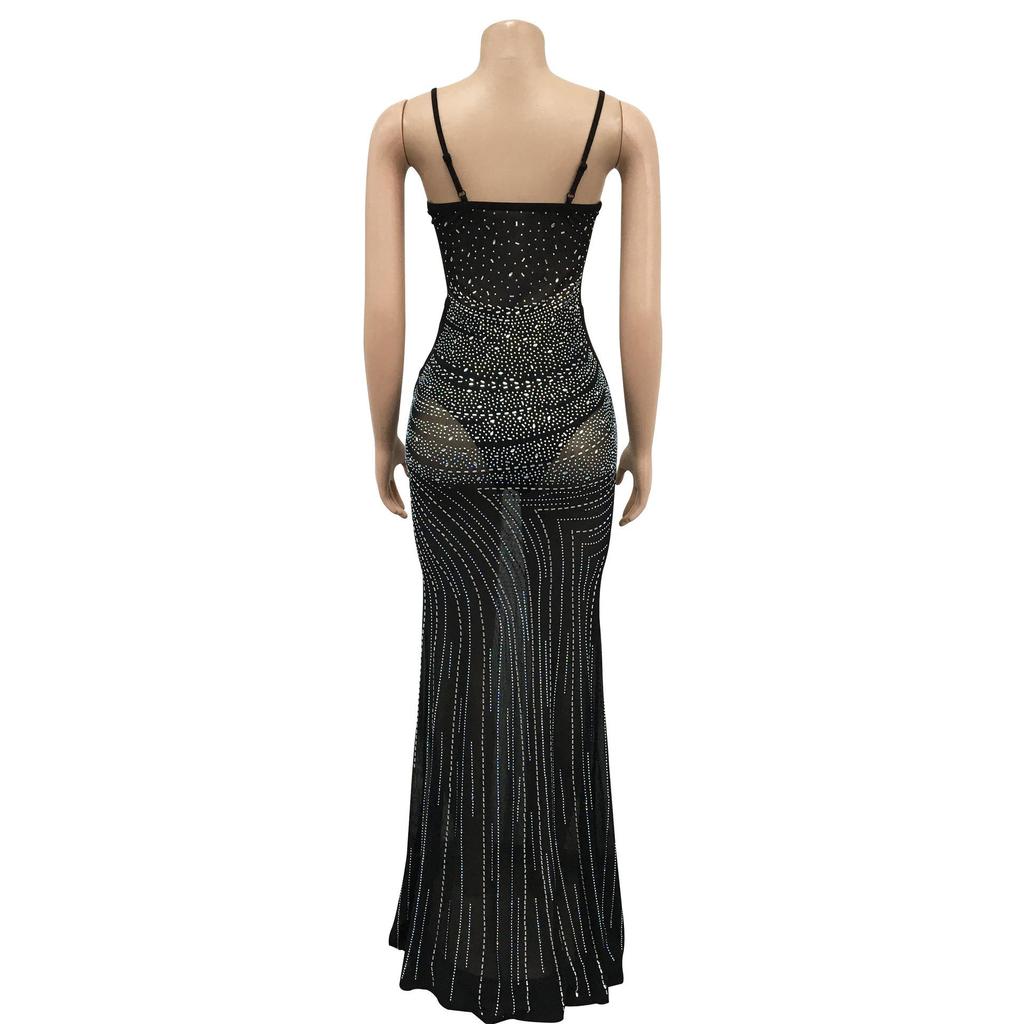 C6075 Women's Fashion Mesh Sleeveless V-Neck Long Dress with Hot Drill Detailing
