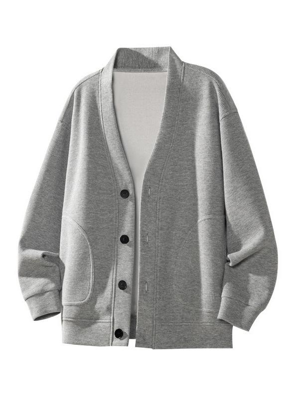 Men's Retro Waffle Knit V-Neck Cardigan Hoodie – Spring/Autumn Heavyweight Loose Casual Jacket.