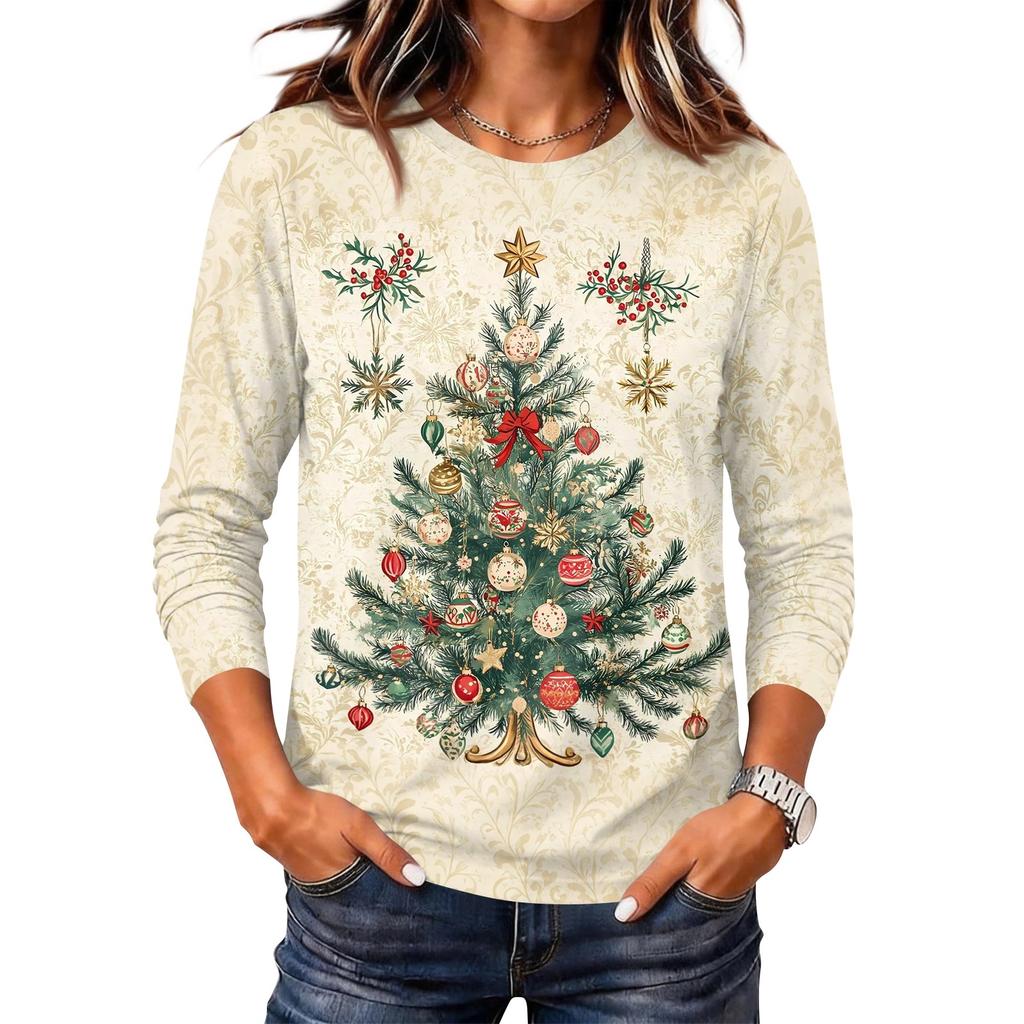 Women's Christmas Print Neck Long Sleeve Pullover Top