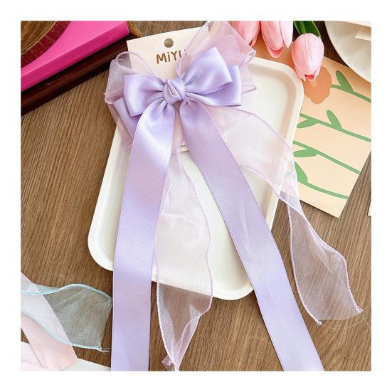 Spring Hairpin Long Ribbon Mesh Yarn Satin Bowknot Decor Back Head Hair