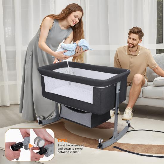 Babybett 3-in-1 Multifunktions-Beistellbett mit Aufbewahrungskorb, 6-stufig höhenverstellbar, Baby-Neugeborenen-Moskitonetz, Tragbare umwandelbare Wiege