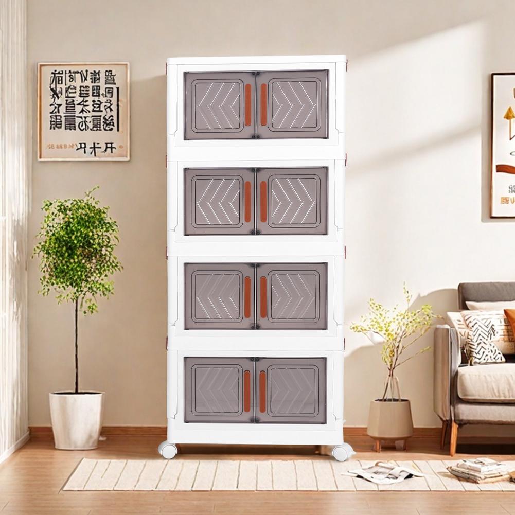 Dulap de depozitare pantofi cu 4 niveluri, Recipiente de depozitare din plastic, Cutie de pantofi din plastic cu uși și roți pentru expunere, Organizator pantofi