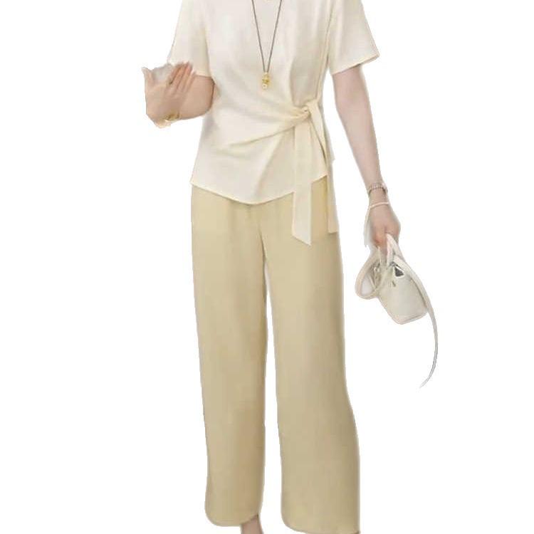 Plus Size European Style Tie-Up Short Sleeve T-Shirt for Women - Summer 2025 Loose Slimming Fashion Top for Full-Figured Women