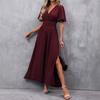 Women V Neck Flutter Sleeve Maxi Dress Elastic Waist Side Slit Long Casual Party Dress