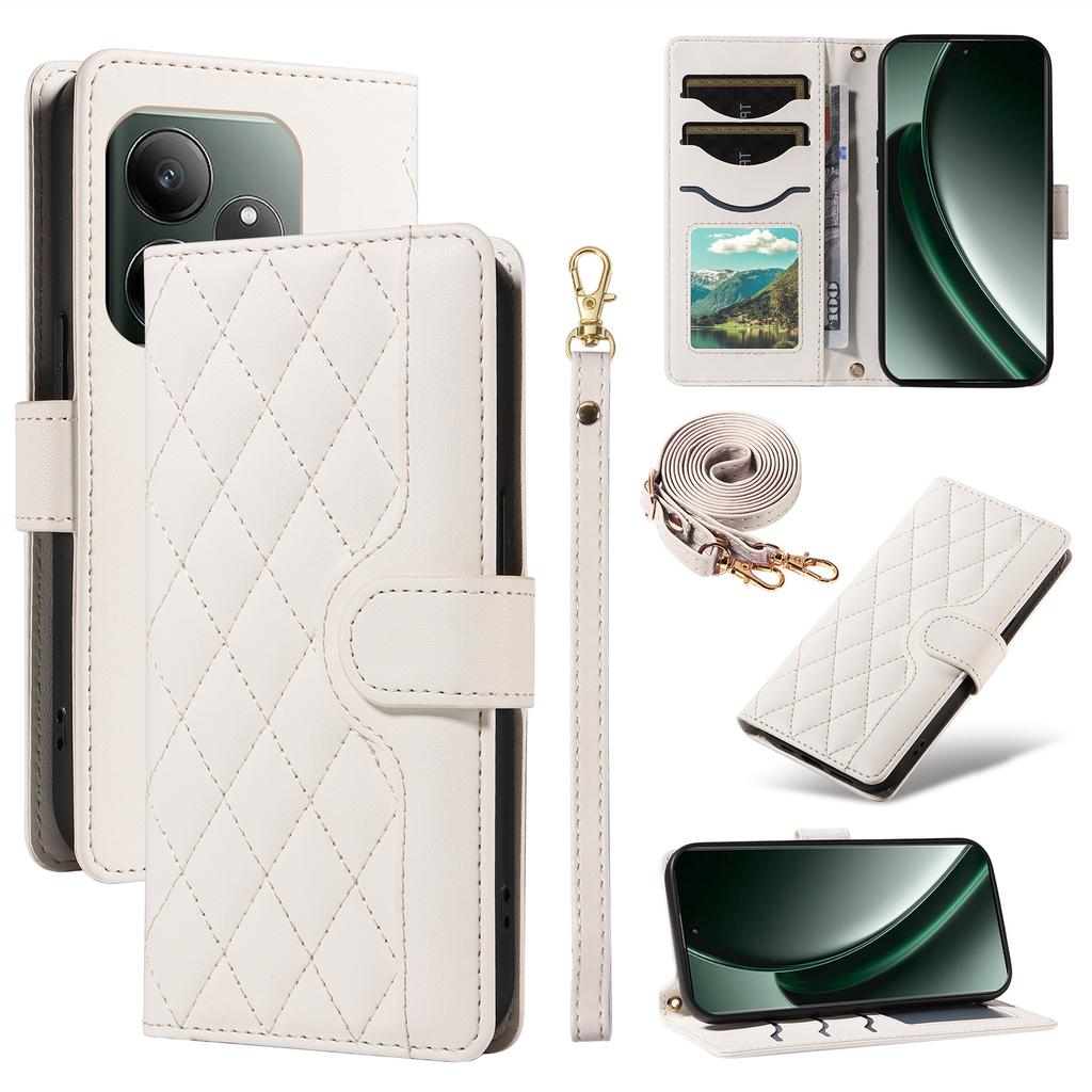 For Realme GT 6 5G Case Wallet Rhombus Leather Phone Cover with Shoulder Strap,Wrist Strap