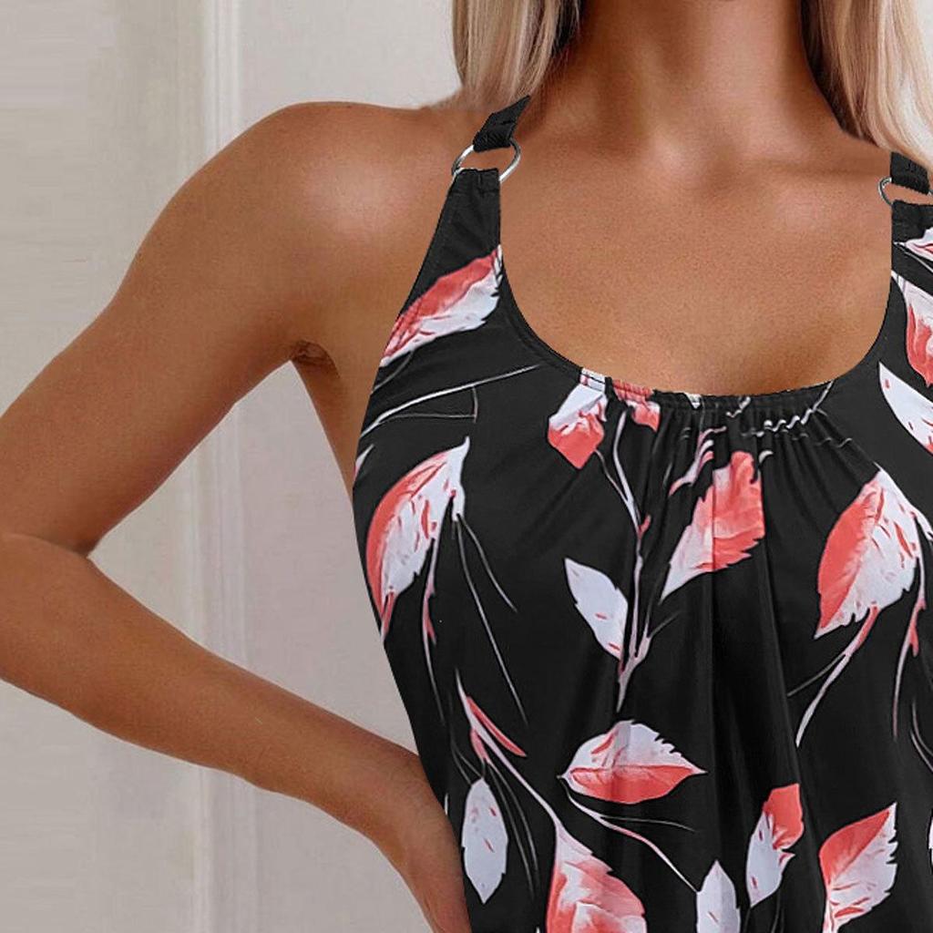 Damski luźny strój kąpielowy tankini z rozcięciem, nogawkami typu "flat leg" i stylem koszulki