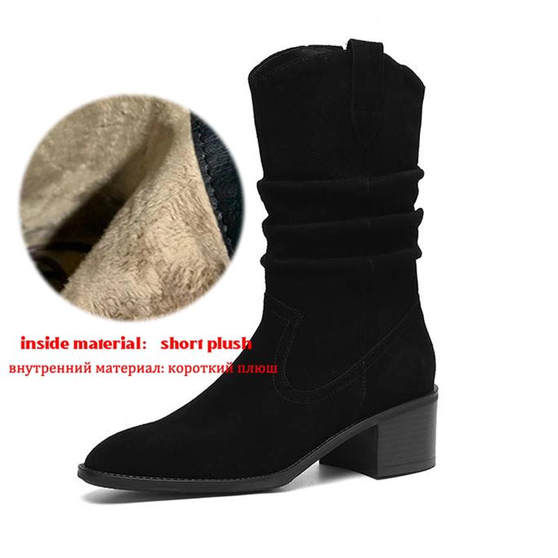 

Krazing Pot Cow Suede Nubuck Winter Round Toe Modern Boots Med Heels Slip on Pleated Decoration Women Mid-calf Boots 42