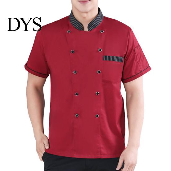 Waiter Garment Stand Collar Short Sleeve Double Breasted Patch Pocket Splicing Color Chef Top Uniform Women Men Service Bakery Breathable Shirt