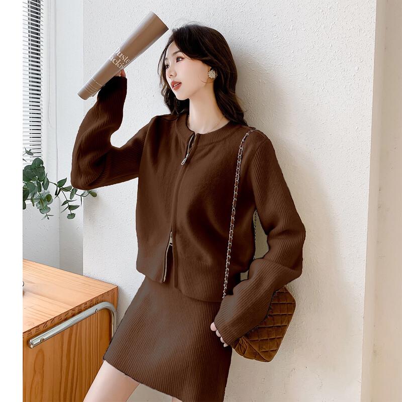 Women's Fashion Long Sleeve Knit Cardigan & Short Skirt Set