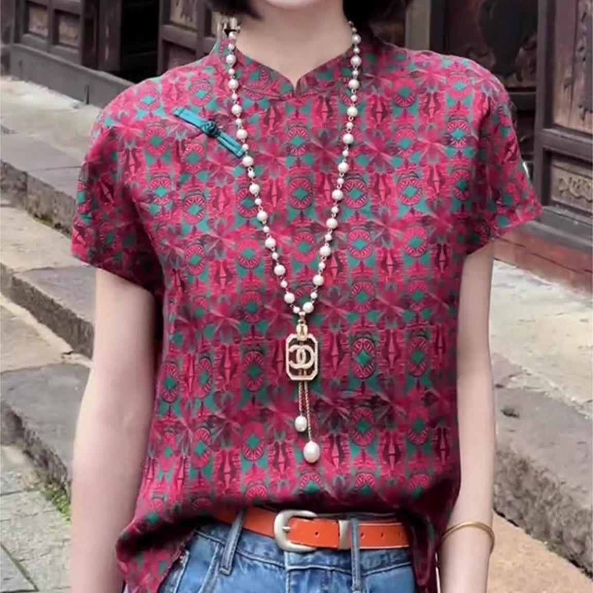 

Summer summer red versatile short-sleeved shirt, wind-improved top, diagonal placket and T-shirt M [Recommended below 50kg]