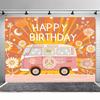 Retro 70's hippie theme Happy Birthday Bohemian Daisy bus background cloth, party decoration background props