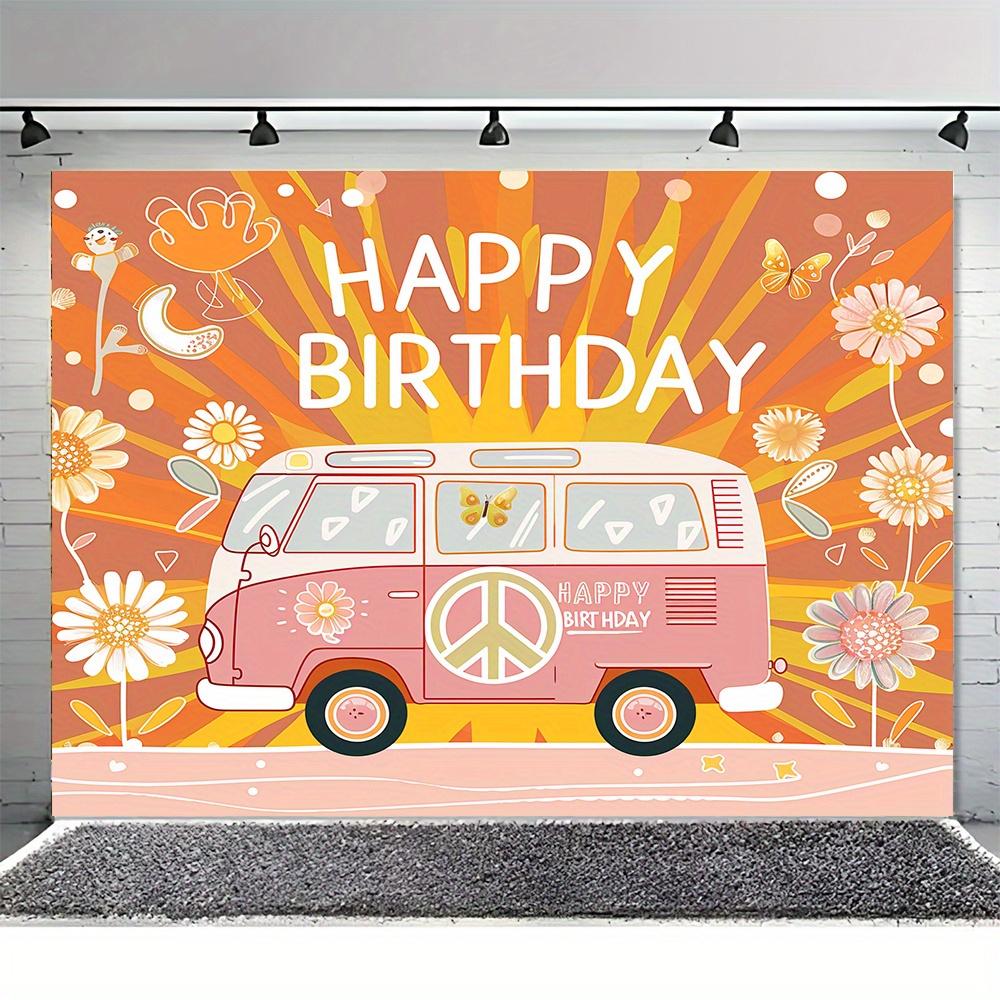 Retro 70's hippie theme Happy Birthday Bohemian Daisy bus background cloth, party decoration background props