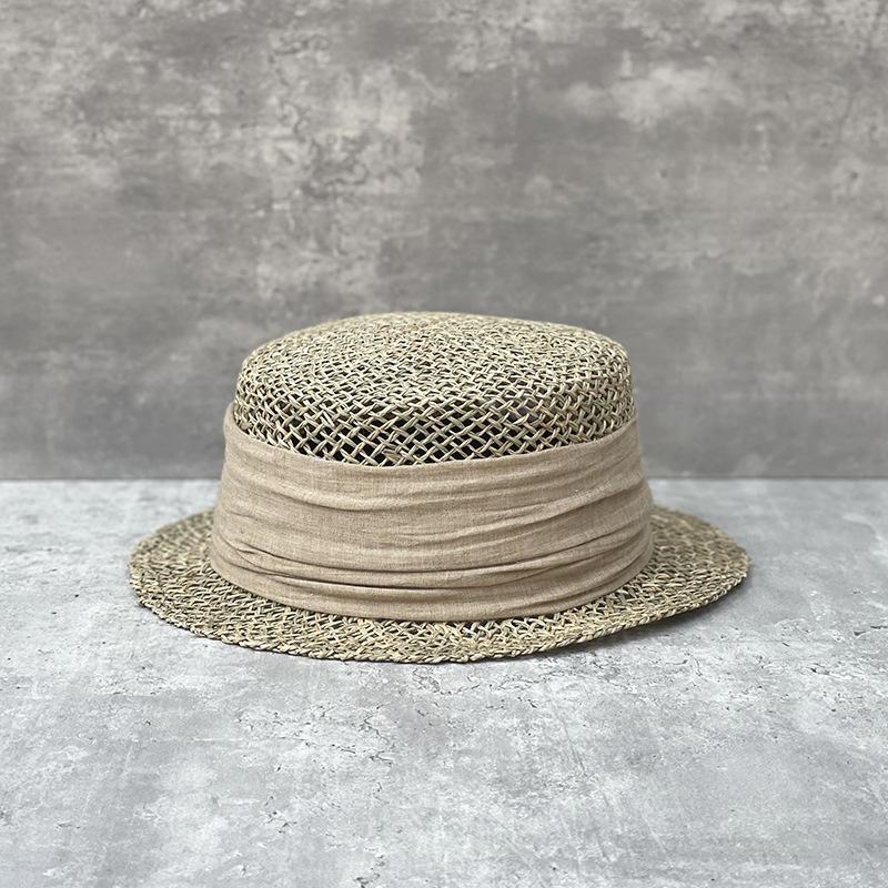 French Retro Salted Seaweed Hollow Woven Small Brim Flat Top Top Hat For Men And Women Summer Fashion Travel Short Brim Straw Hat