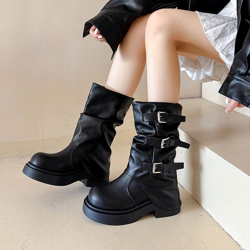 

толстоподошвенные на толстом каблуке средней длины брюки-трубы ботинки-трубы женские новые осенние ковбойские слим с большим обхватом голенища высокие ботинки Мартин 35 чёрный