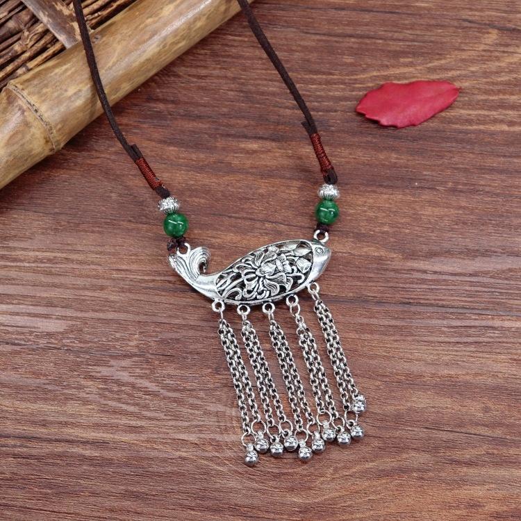 Handmade Retro Cotton and Linen Tibetan Silver Pendant Necklace Medium and Long Flower Versatile Sweater Chain Women's Simple Accessories