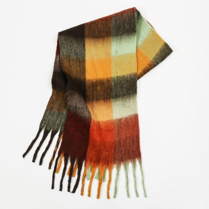 High-end color matching mohair scarf women's autumn and winter warmth thickened versatile plaid tassel
