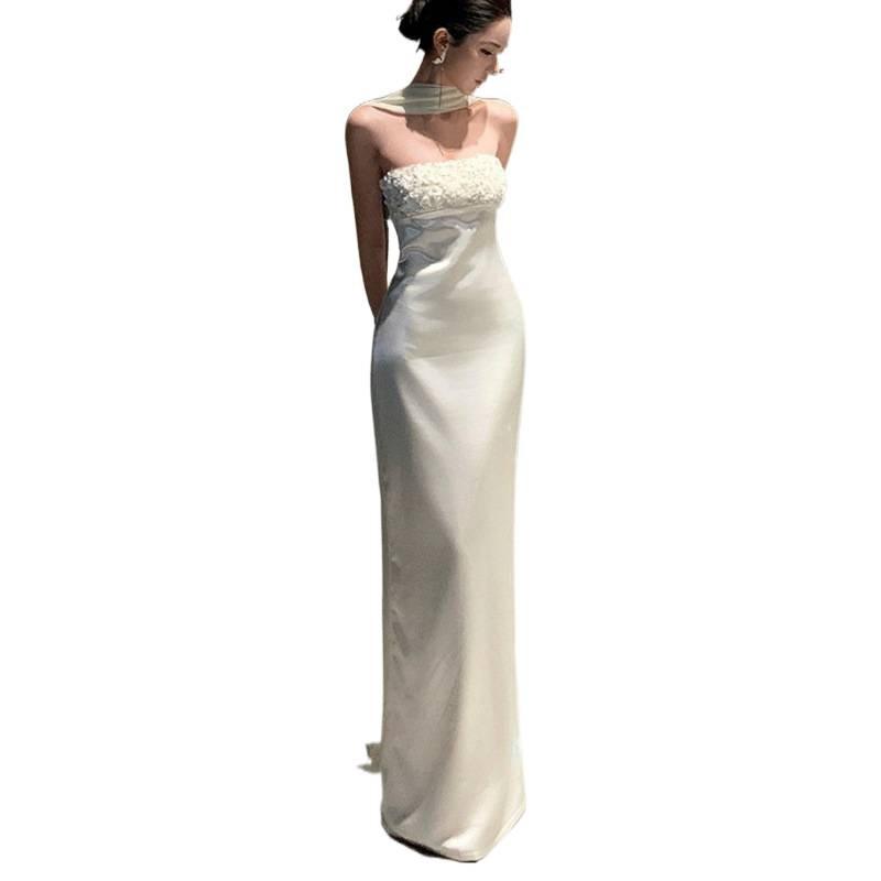 Satin Bandeau Hip Dress Female Slim Slim Heavy Work Sequins Celebrity Banquet Evening Dress Long Skirt
