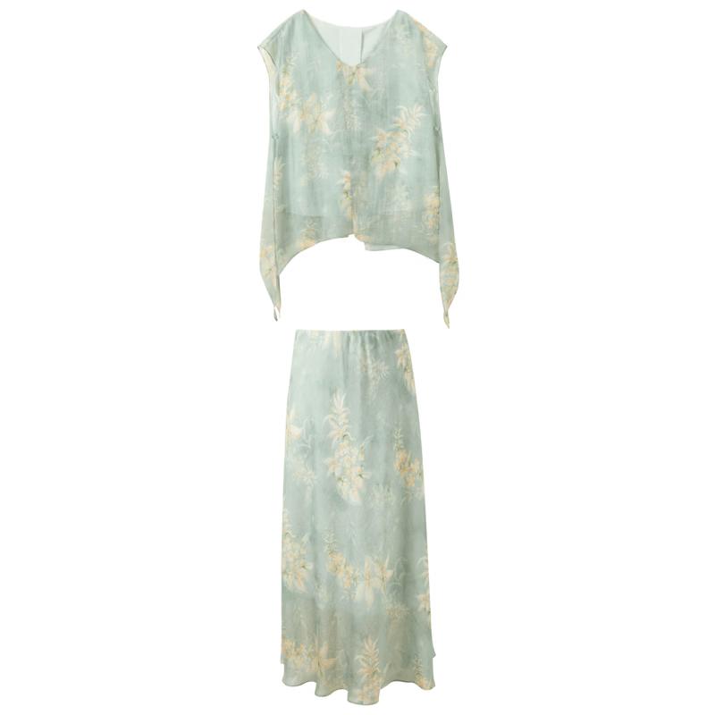 New Chinese Style Floral Print Lyocell Two-Piece Set L