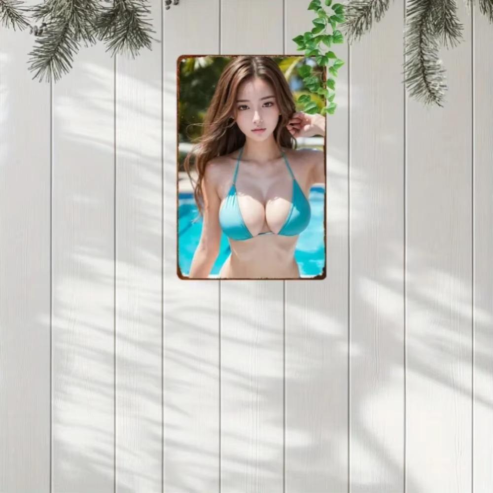 Anime Girl Retro Metal Tin Sign Vintage Wall Art Blue Bikini Decor
