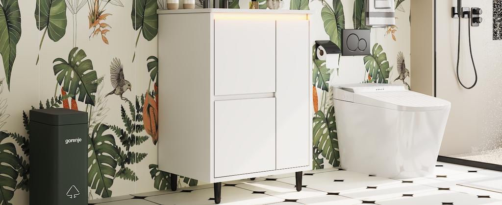 61*46.5*87cm, Freestanding Bathroom Washstand, Lacquered Surface, Integrated Ceramic Basin, Soft-Close Hinges, Two Drawers, High Foot Design, White.