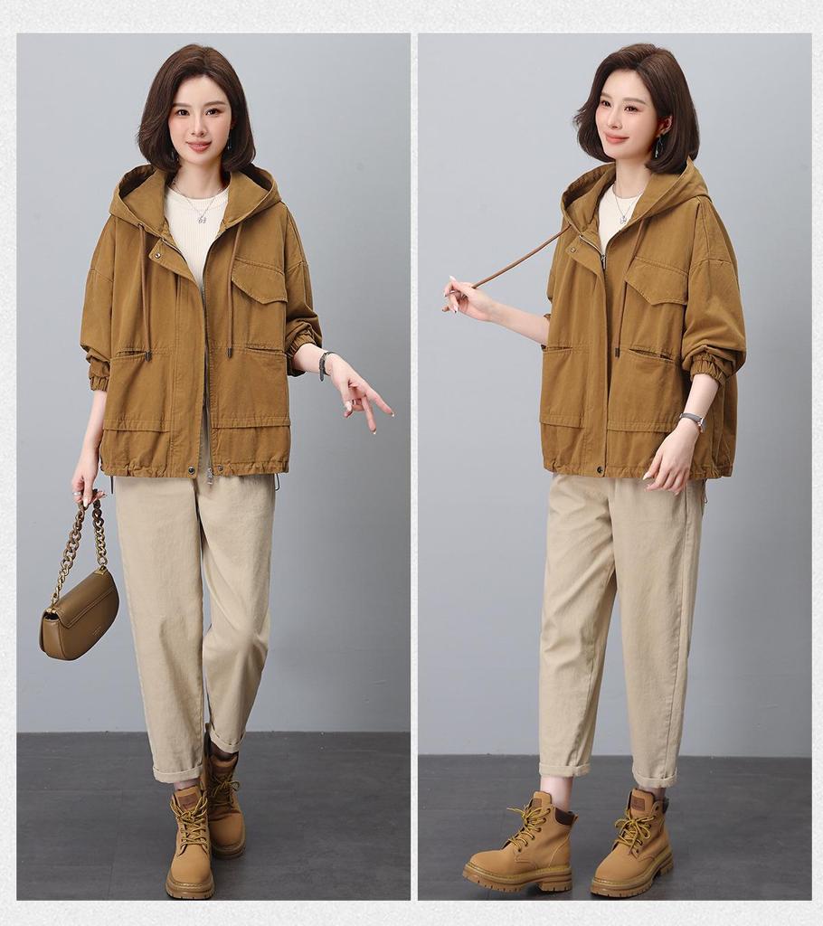 2024 Plus Size Hooded Trench Coat for Women - Loose Fit Spring & Autumn Workwear Jacket