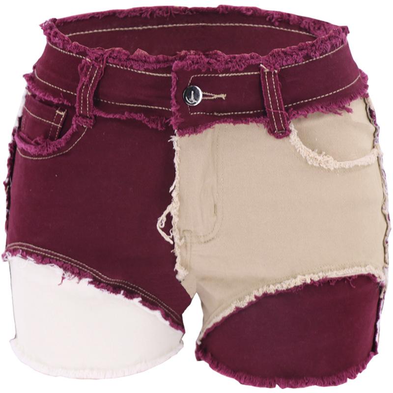 2024 Summer Women's Shorts Multi Color Panel Elastic Women's Denim Shorts