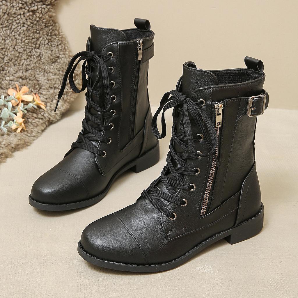 Martin Boots Autumn and Winter Flat Large Size Belt Buckle Low Heel Short Boots Women