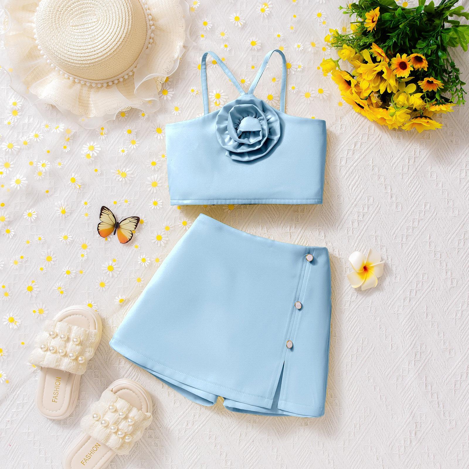 

Модный комплект для девочек, летний детский комплект с милым цветочным принтом, халтер и кюлоты 7Y синий