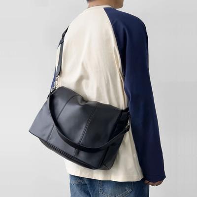 Black PU Messenger Bag Men's Crossbody Shoulder Bag for Men Couple Solid Color Simple Korean Casual Backpack