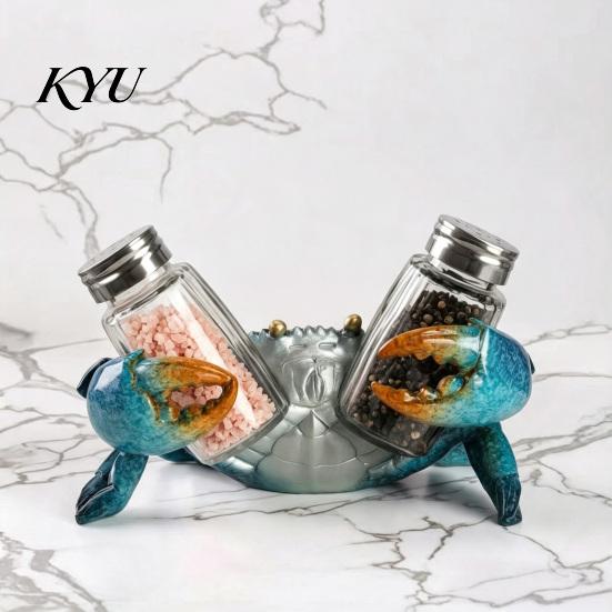 Island Inspired Dining Table Centerpiece Sea Turtle Salt Pepper Shaker Set with Holder, Resin Figurine Holder Glass Spice Bottles, Coastal Beach Style