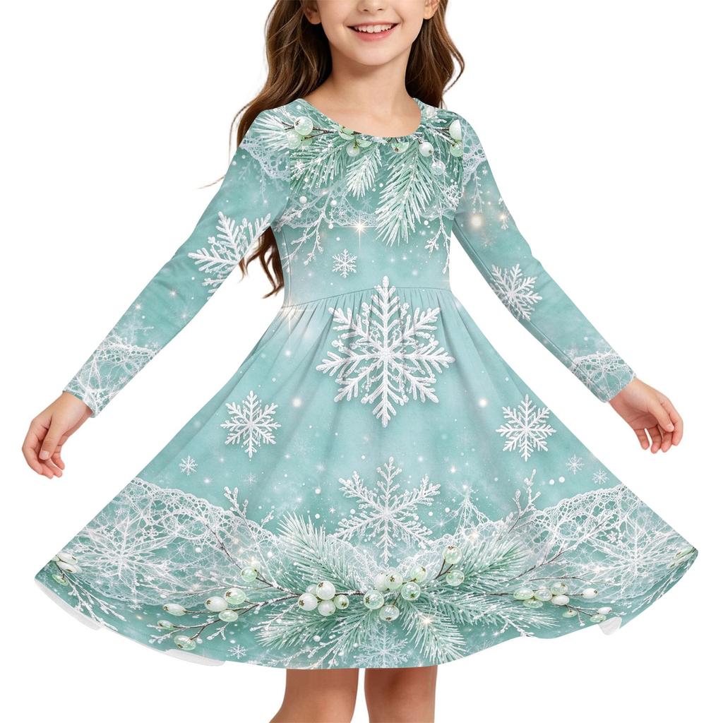 Kids Christmas Print Long Sleeve Dress for Holiday Parties and Everyday Wear