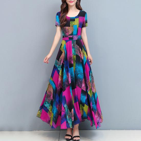 Kobiety ubierają kolorowy nadruk z dużym obszyciem Letnia długa sukienka w kształcie litery A Streetwear
