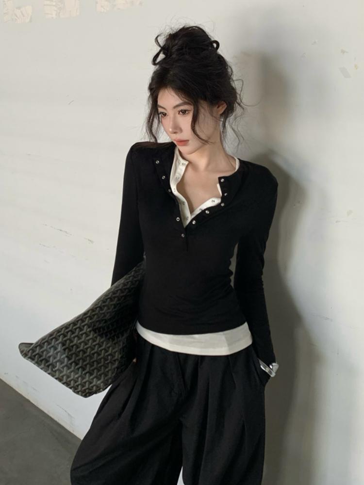 Korean Chic Design Fake Two Pieces Long Sleeves Shirt Women Autumn 2024 New Elegant All Match Slim Fit Slimming Base Tops Winter