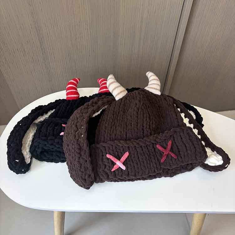 Cute and Funny Little Devil Thick Wool Hat Parent-child Long-eared Horn Knitted Hat Women's Autumn and Winter Warm Ear Hat