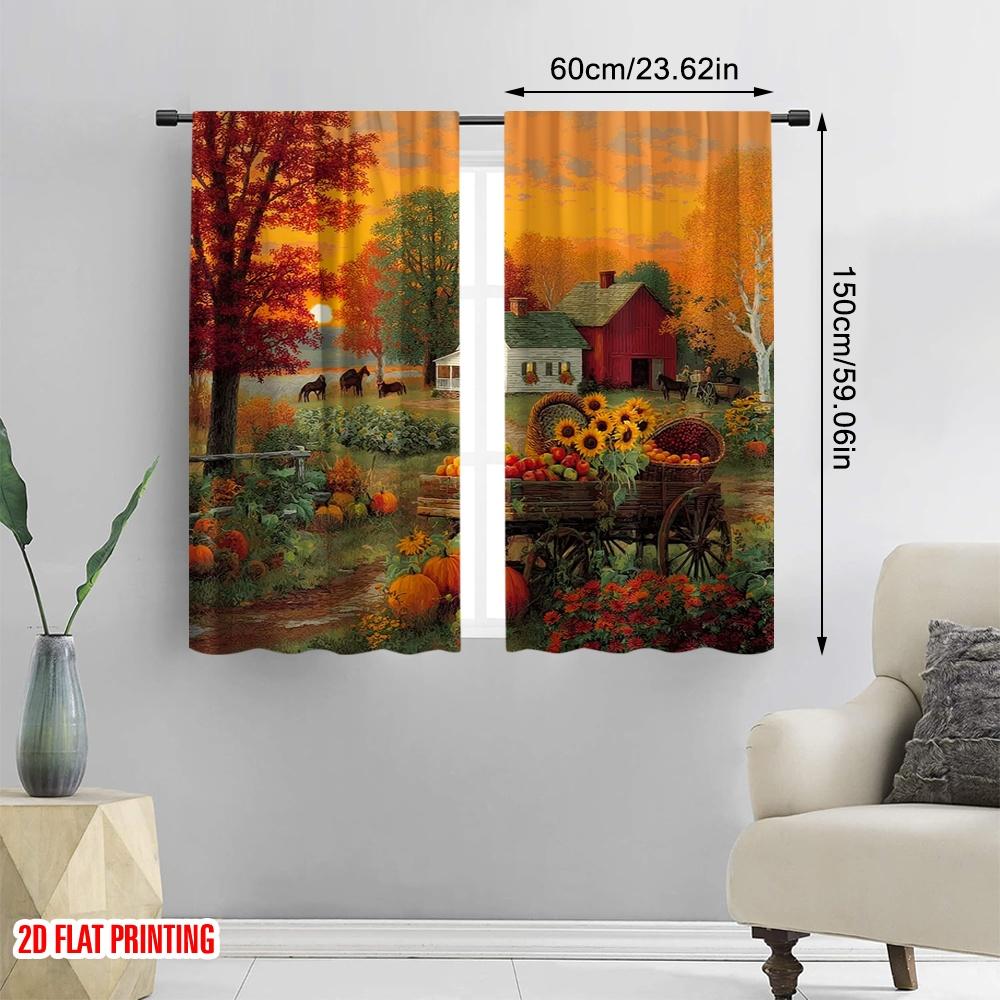 Set Of 2 Flat Printing St Patrick Day Curtain Red Barn Pumpkin Cart Orange Autumn Fabric Without Electricity Festive Made Polyester