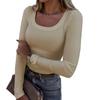 Women's U Neck Long Sleeve Tee Slim Fit Casual Ribbed Knit Solid Color Spring Basic Top