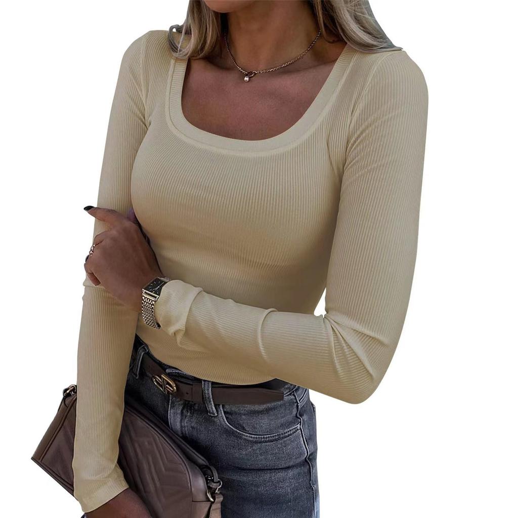 Women's U Neck Long Sleeve Tee Slim Fit Casual Ribbed Knit Solid Color Spring Basic Top