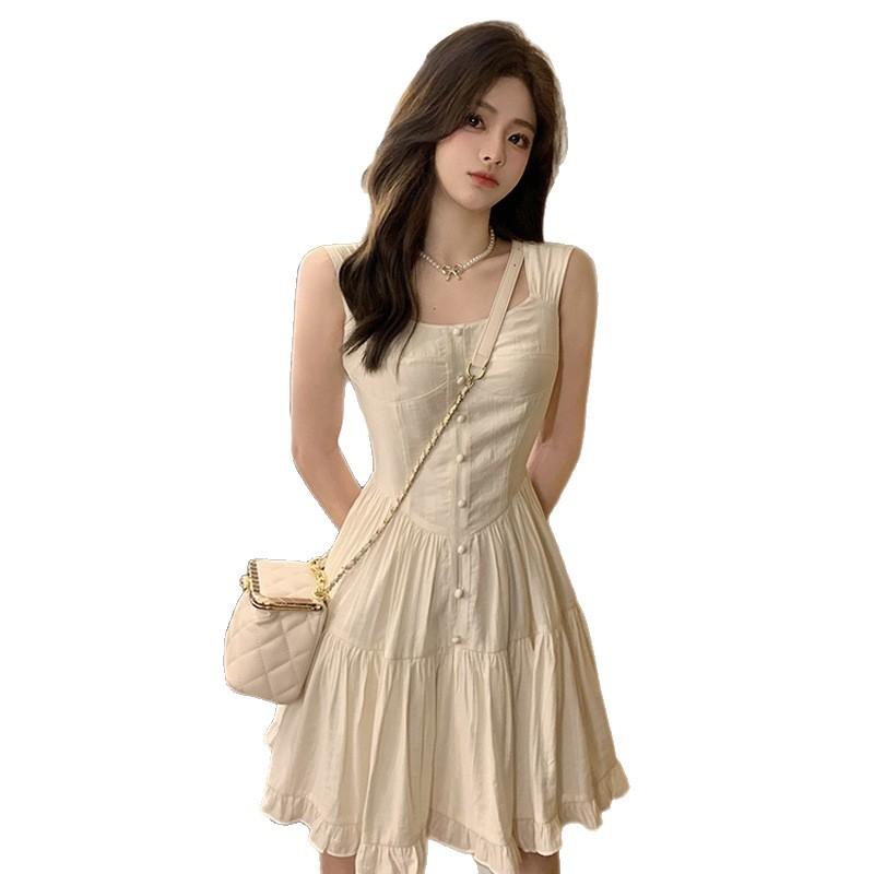 Coffee Break French First Love Sleeveless Square Neck Suspender Dress Women Small Waist Cover Hips Skinny A-word Medium Dress