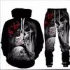 Mens Skull Print 3D Digital Printed Hooded Sweatshirt Set Loose Fit Casual Outfit