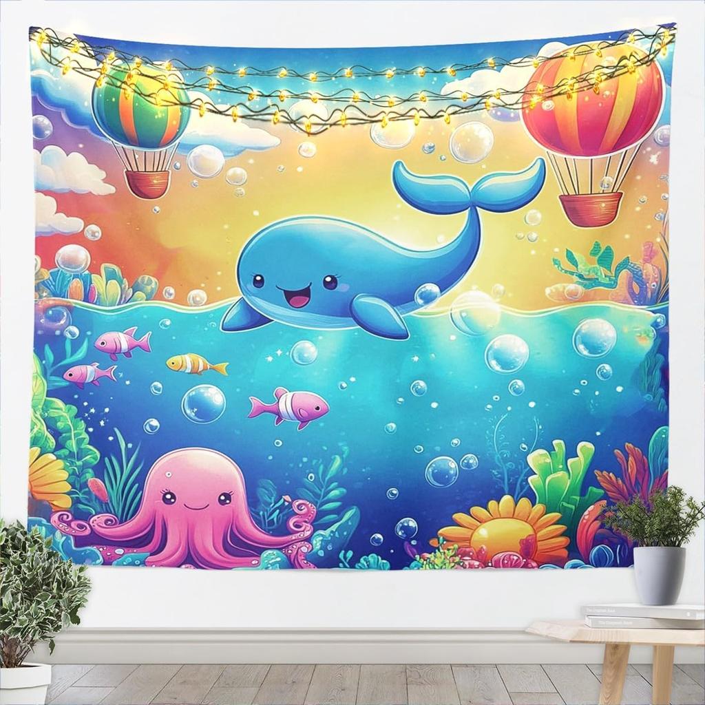 Tropical Sea Tapestry Blue Wave Palm Trees Wall Hanging, Summer Ocean Theme Cartoon Wall Blanket Home Artwork, Kids Girls Room