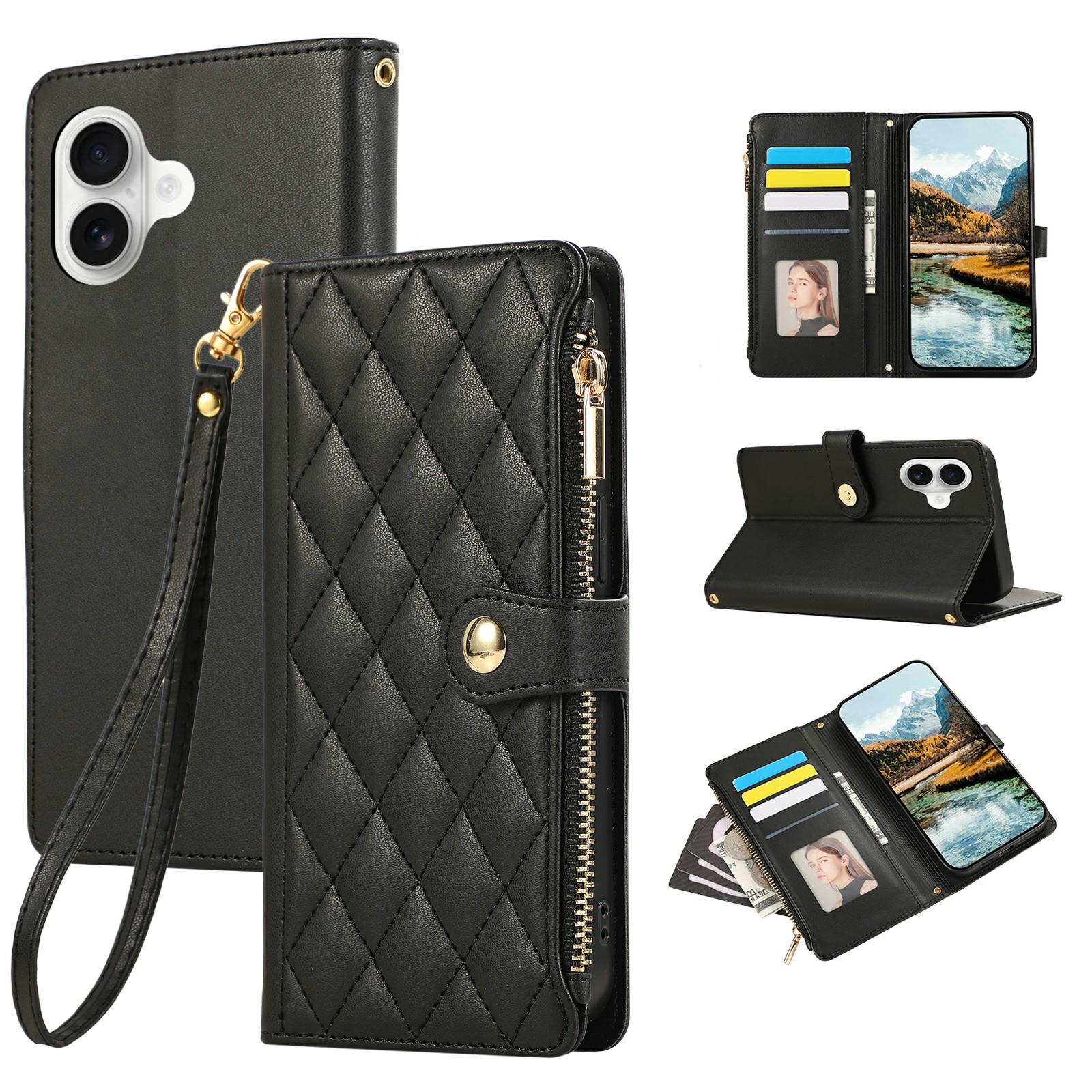 

Чехол для iPhone 17 с несколькими слотами для карт, на молнии, ромбовидный, кожаный чехол для телефона с ремешком на запястье Black