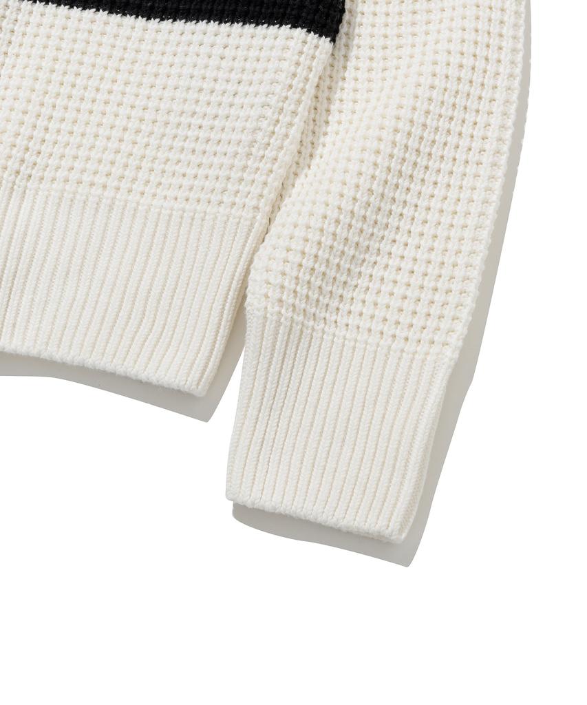 KNITTED Soft Cotton Heavy Waffle Half Zip Knit Stripe Ivory