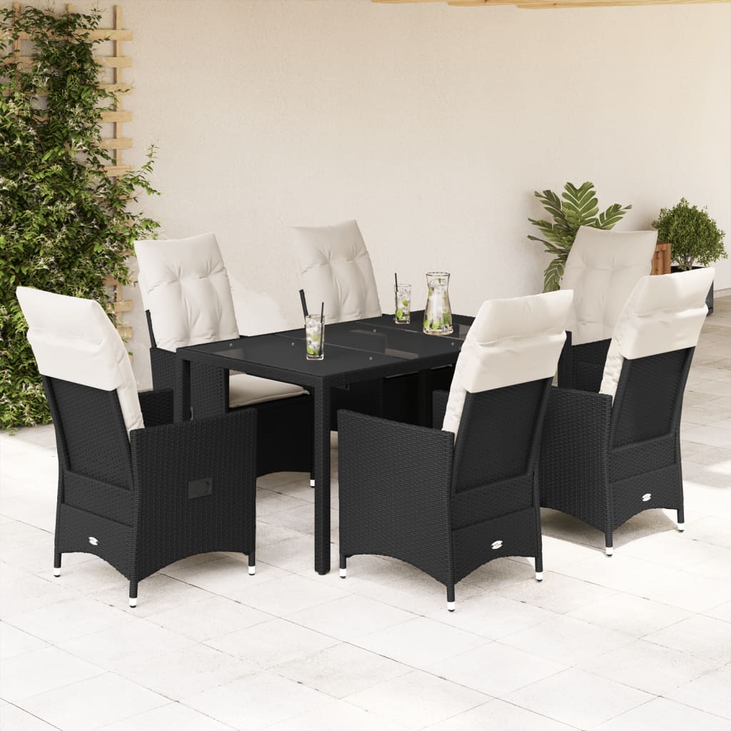 Vidaxl 7-Cz. Garden Furniture Set With Cushions, Black, Poly Rattan