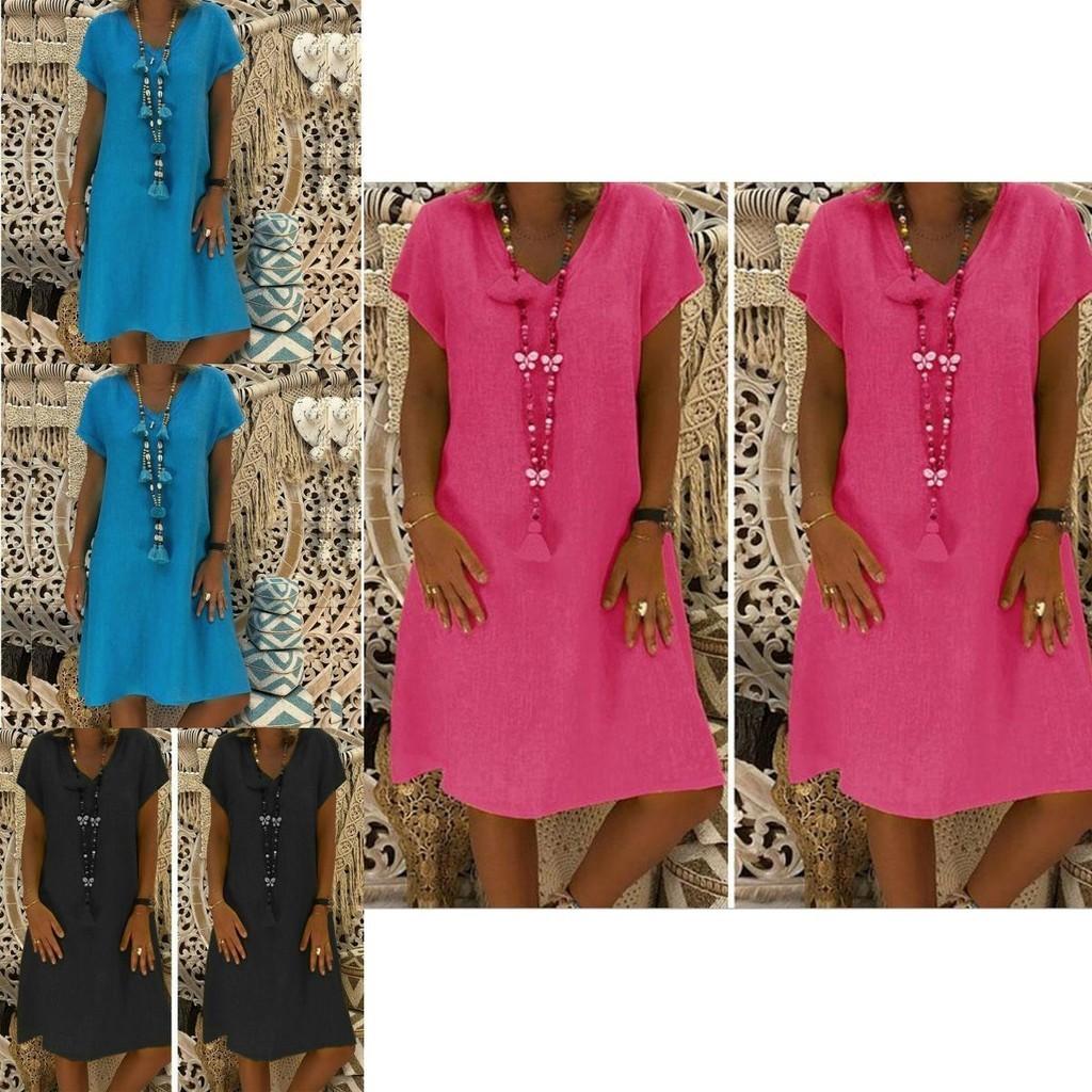 Stijlvolle Zomer Dames Korte Mouwen V-hals Tuniek Midi Jurk Voor Grote Maten Mode