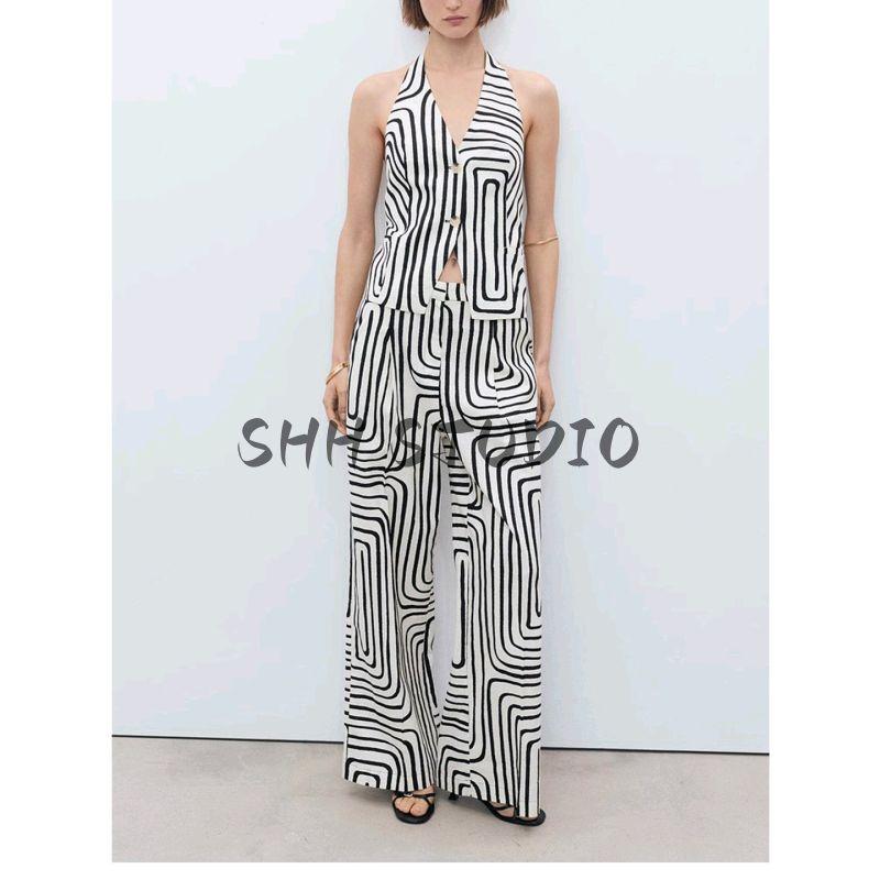 Open Back Hanging Collar Vest 17071150 Cotton and Linen Blended Geometric Pattern Floral Print Casual Jumpsuit 17061155