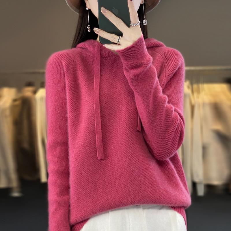 Autumn and winter pure wool sweater women's pure wool knitted hooded sweater pullover cashmere sweater fine wool