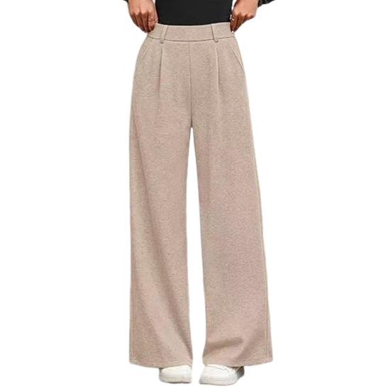 Women Pants Elastic Mid-rise Wide-Leg Loose Style Long Pants Autumn Winter Ribbed Casual Trousers with Pockets