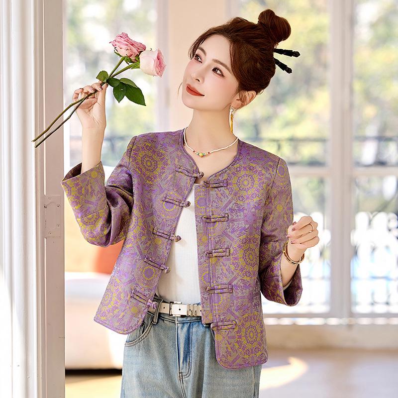 Frühling/Herbst 2025 Damen Lila Jacquard Jacke mit Rundhalsausschnitt und Froschknöpfen - Neuer Chinesischer Nationalstil (RS2803)