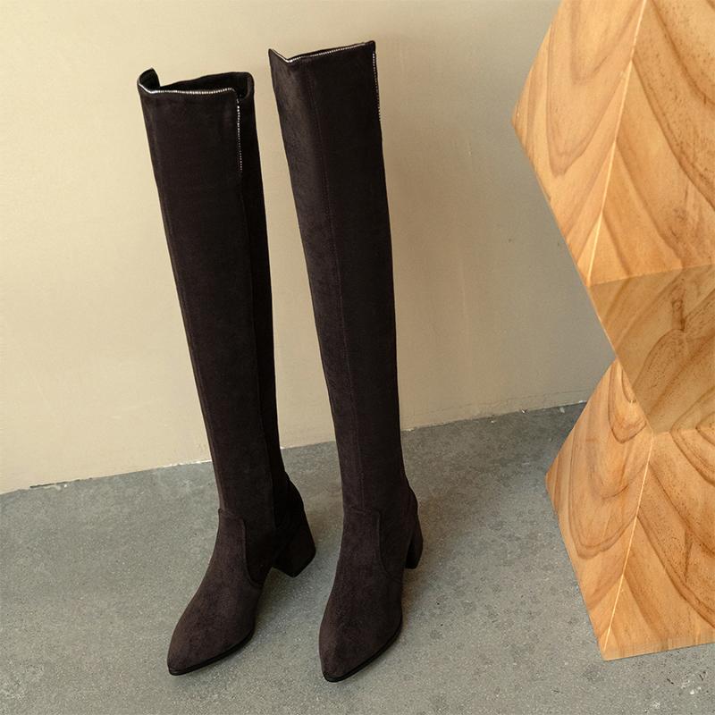 

Women s high-heeled boots autumn and winter classic versatile thick-heeled large-size knee elastic boots 43 коричневый