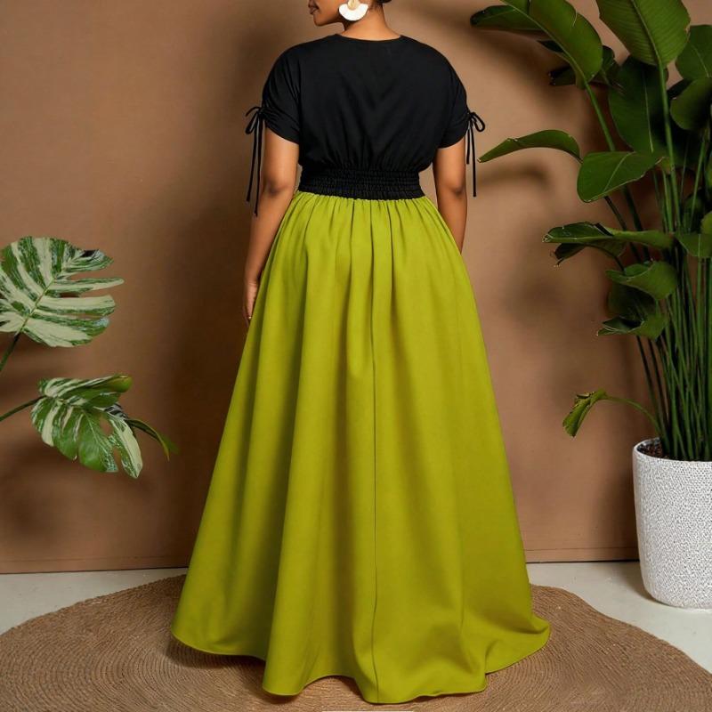 Plus Size V Neck Color Block Waist Cinched Midi Casual Dress For Women